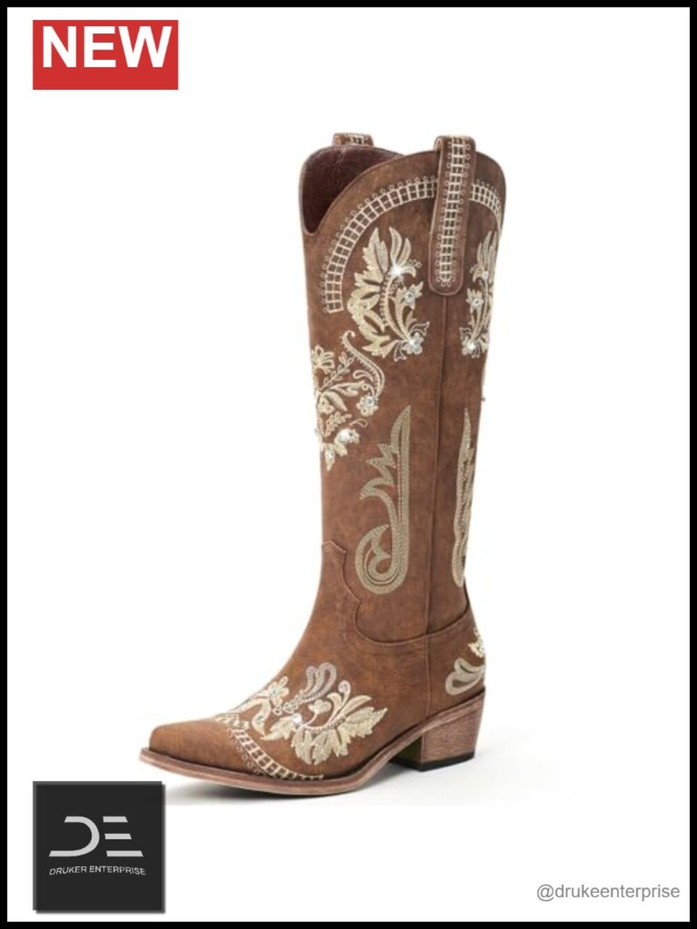 Women's Knee High Cowboy Boots - Pointed Toe Chunky Heel Rhinestone Embroidered